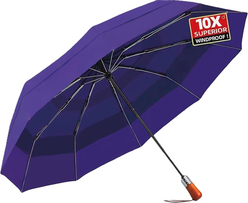 MasterUmbrella مظلة مقاومة للرياح بغطاء ثلاثي الطبقات للانتقال، تفتح وتغلق تلقائيًا، 10 أعمدة من الألياف الزجاجية، مقبض خشبي، 13 بوصة عند الطي، تغطية كبيرة 47 بوصة لشخصين، استبدال مدى الحياة - Image 1
